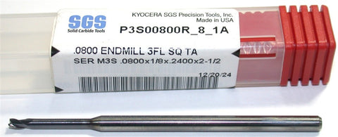 Kyocera SGS P3C00800R_8_1A .0800" Diameter 3 Flute Coated Carbide End Mill
