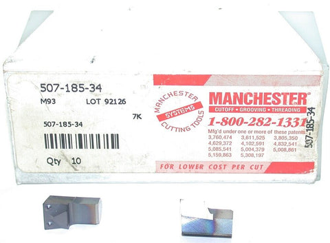Lot of 10 New Manchester 507-185-34 Grooving Cut-off 5/16in wide Carbide Inserts