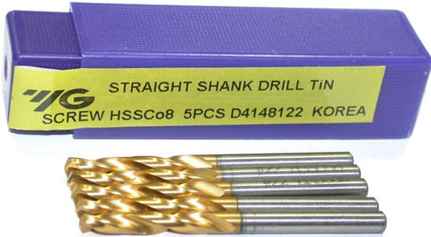 Lot of 5 YG-1 D4148122 #22 Diameter 2 Flute YG Stub Length TiN Coated Drills New