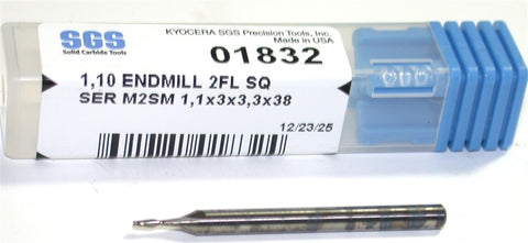 Kyocera SGS 01832 1.10mm Diameter 2 Flute Carbide End Mill