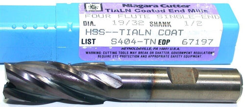 Niagara 67197 19/32" diameter 1/2" shank TiAlN Coat 4 Flute HSS End Mill New