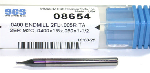 Kyocera SGS .0400" Diameter 2 Flute AlTiN Coated Carbide .0050" CR End Mill