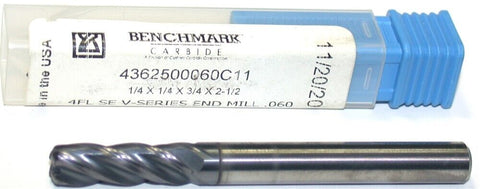 Benchmark 4362500060C11 1/4" 4-Flute Carbide .060CR TiAlN Coated End Mill New