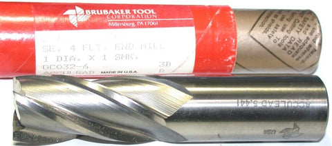 Brubaker 83166 1" Diameter 1" Shank 4 Flute HSS End Mill New
