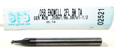 SGS 02521 .058" Diameter 1/8" Shank 2 Flute AlTiN Coated Carbide Ball End Mill