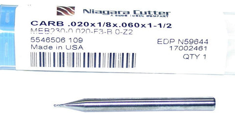 Niagara N59644 .020" diameter 2 Flute Carbide End Mill New