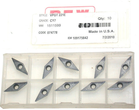 Lot of 10 RTW VPGT 221E CY7 Carbide Turning Inserts