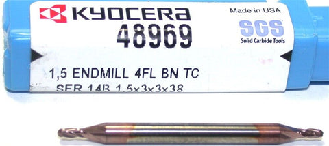 Kyocera SGS 48969 1.5mm Diameter 3mm Shank 4 Fl TiCN Coat Carbide Ball End Mill