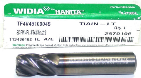 Widia Hanita TF4V4510004S 3/8 Carbide TiALN Coated Corner Radius Endmill 4 Flute