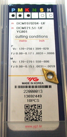 Lot of 6 YG-1 DCMT070204-UF Turning Carbide Inserts DCMT21.51-UF NIB