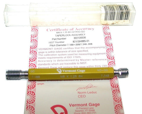 Vermont 302120530 M8 X 1.25-6H Thread Gage Go/No Go Plug Gage w/Certificate