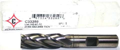 Cleveland Twist C33259 27/64" Diameter 3/8" Shank 4 Flute TiCN Coat HSS End Mill