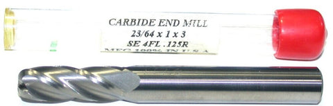23/64" Diameter 3/8" Shank 4-Flute Carbide .125CR End Mill Made in the USA New