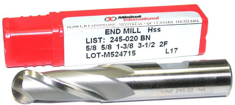 Minicut 245-020 5/8" 2 Flute 5/8" Shank HSS Ball End Mill New