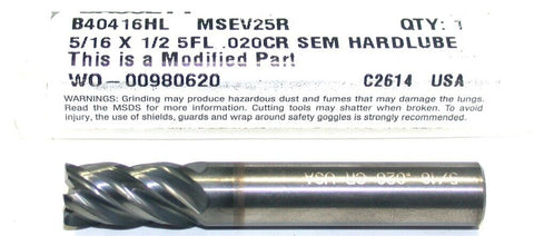 Bassett B40416HL 5/16" Diameter 5-Flute Carbide .02R End Mill New