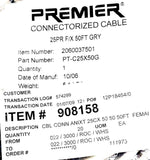 Premier PT-C25X50G Connectorized Cable 25PR 50Ft Gray 908158