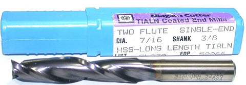 Niagara 52266 7/16" Dia 3/8" Shank TiAlN Coat 2 Flute Long Length HSS End Mill