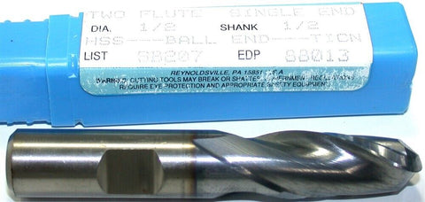 Niagara 1/2" Diameter 1/2" Shank 2 Flute HSS TiCN Coated Ball End Mill 88013 New