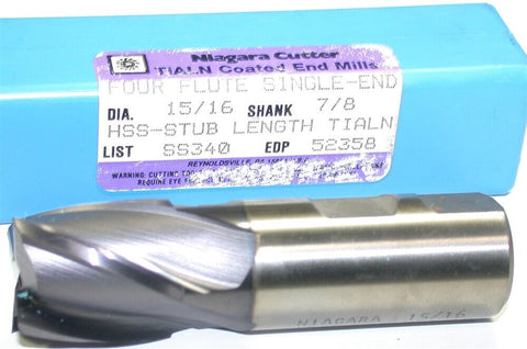 Niagara 52358 15/16" diameter TiAlN Coat 4 Flute HSS End Mill New