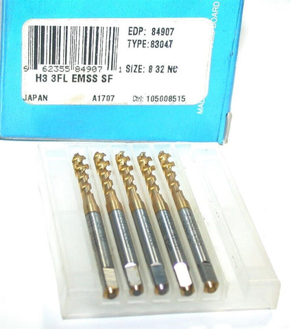 Lot of 5 Greenfield 84907 8-32 NC H-3 3 Flute TiN Coated Spiral Taps New