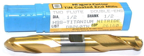Niagara 1/2" 1/2" Shank 2 Flute HSS TiN Coated Ball Double End Mill 26160 New