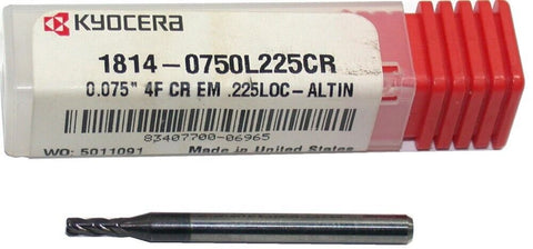 Kyocera 1814-0750L225CR .075" Carbide ALTiN Coat Endmill 4FL 1/8" Shank New