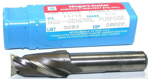 Niagara 11/16" diameter 1/2" Shank Single End 2 Flute HSS End Mill 20222 New