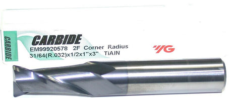 YG-1 EM99920578 31/64" Dia .032R 1/2" Shank 2 Flute TiAIN Coat Carbide End Mill