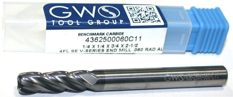 GWS 4362500060C11 1/4" Diameter 1/4" Shank 4 Flute .06" Radius Carbide End Mill