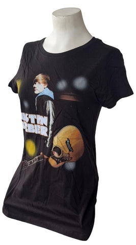 Alstyle Women's Justin Bieber With Guitar Black Short Sleeve Shirt Size Large