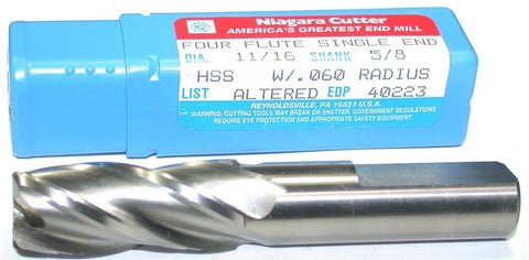Niagara 40223 11/16" diameter 5/8" shank .06" Corner radius Flute HSS End Mill