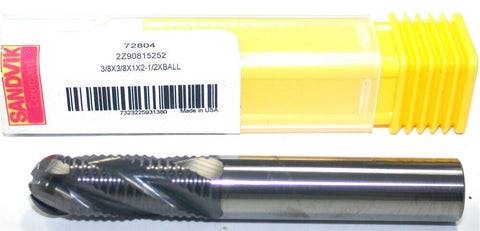 Sandvik Carbide 3/8" 4 Flute Roughing Ball End Mill 72804 New