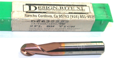 Design-Rite XL D6622292 19/64" Diameter 2 Flute TiCN Coat Carbide Ball End Mill