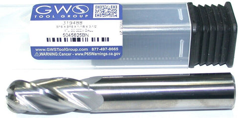 GWS 319488 Carbide 9/16" Diameter 9/16" Shank 4 Flute Ball End Mill New