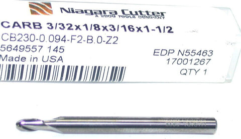 Niagara N55463 Carbide 3/32 Diameter 1/8 Shank 4 Flute Ball End Mill