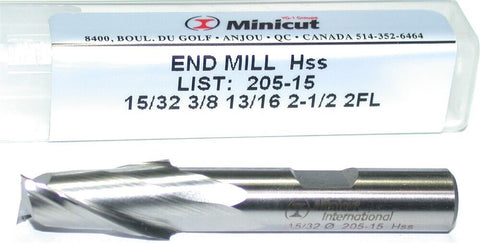 Minicut 205-15 15/32" Diameter 3/8" Shank 2 Flute HSS End Mill New