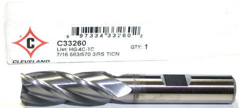 Cleveland Twist C33260 7/16" Diameter 3/8" Shank 4 Flute TiCN Coat HSS End Mill