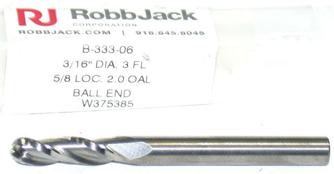 RobbJack B-333-06 3-Flute Carbide 3/16" diameter 3/16" shank Ball End Mill New