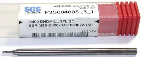 Kyocera SGS P3S00400S_3_1 .0400" Diameter 3 Flute Carbide End Mill