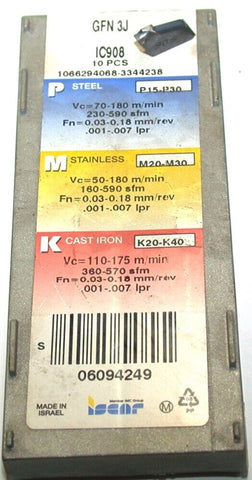 Lot of 5 Iscar GFN 3J IC908 Radius Carbide 3 mm groove parting inserts 06094249
