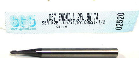 SGS 02520 .057" Diameter 1/8" Shank 2 Flute AlTiN Coated Carbide Ball End Mill