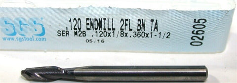 SGS 02605 .120" Diameter 1/8" Shank 2 Flute AlTiN Coated Carbide Ball End Mill