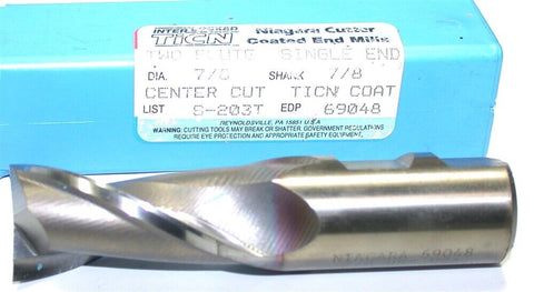 Niagara Cutter 7/8" Diameter 7/8" Shank 2 Flute HSS TiCn Coat End Mill 69048 New