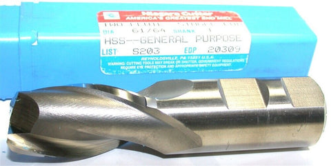 Niagara 20309 61/64" diameter 2 Flute HSS End Mill New