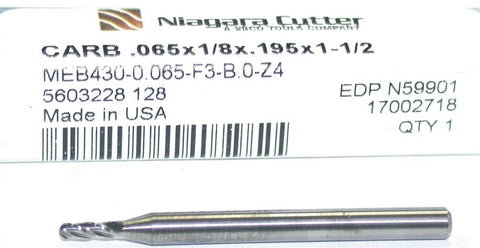 Niagara N59901 Carbide .065" Diameter 1/8 Shank 4 Flute Ball End Mill