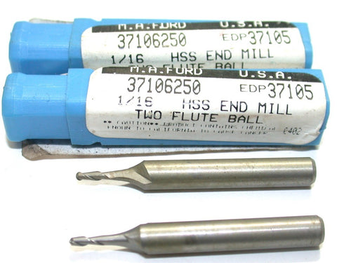 Lot of 2 M. A. Ford 37105 1/16" Diameter 1/8" Shank 2 Flute HSS Ball End Mills