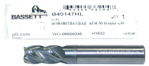 Bassett B40147HL 5/16" Diameter 5/16" Shank 4-Flute .020 CR Carbide End Mill New
