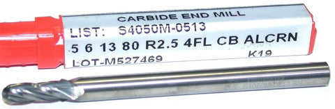 YG-1 Minicut S4050M-0513 5mm Diameter 4 Flute Solid Carbide Ball End Mill New