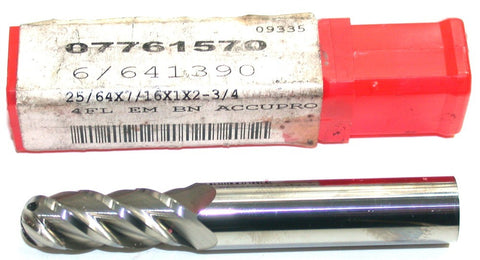Accupro 07761570 25/64" Diameter 7/16" Shank 4-Flute Carbide Ball End Mill