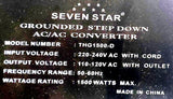 Seven Star THG1500-D AC/AC Converter 220/240V In W/Cord 110/120V Out W/Outlet
